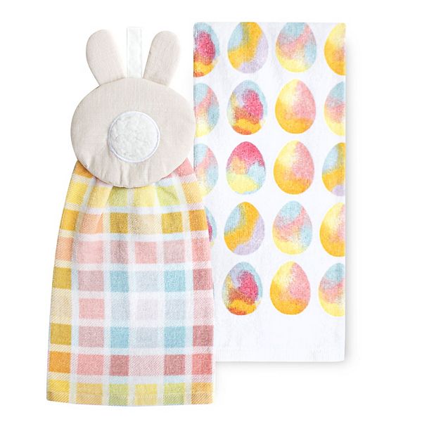 NEW Set Of 2 Easter Bunny Rabbit Pom Pom Tail Kitchen Dish Hand Tea Towels 