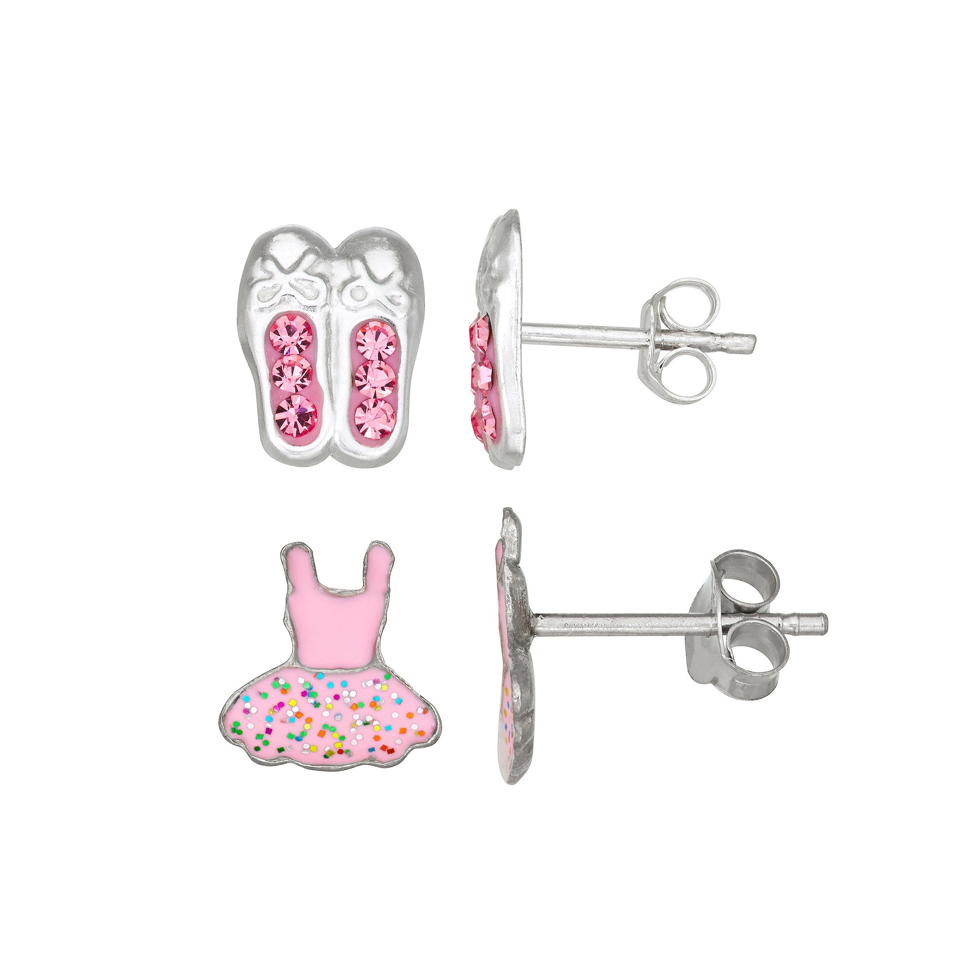 Charming Girl Kids Sterling Silver Crystal Ballet Shoes & Tutu Earring Set