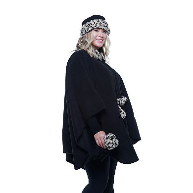 Women's Linda Anderson Le Moda Fleece Poncho & Gloves Set with Faux Fur Trim & Poms