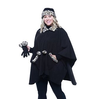 Women's Linda Anderson Le Moda Fleece Poncho & Gloves Set with Faux Fur Trim & Poms