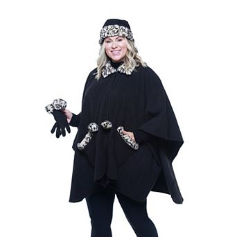 Women's Linda Anderson Le Moda Fleece Poncho & Gloves Set with Faux Fur Trim & Poms