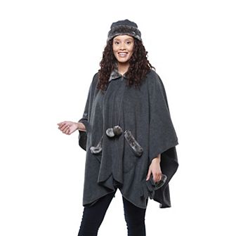 Women's Linda Anderson Le Moda Fleece Poncho & Gloves Set with Faux Fur Trim & Poms