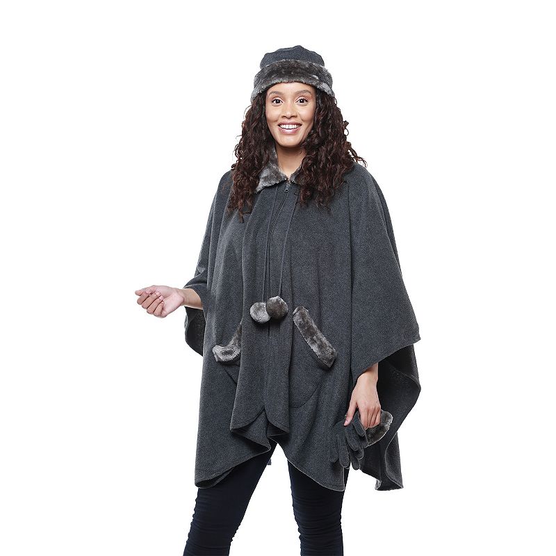 Women's Linda Anderson Le Moda Fleece Poncho & Gloves Set with Faux Fur Trim & Poms, Grey Heather