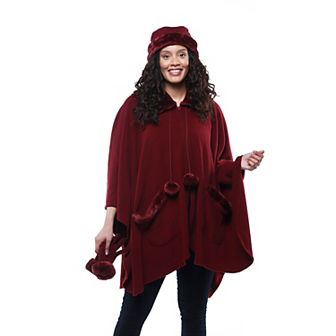Women's Linda Anderson Le Moda Fleece Poncho & Gloves Set with Faux Fur Trim & Poms