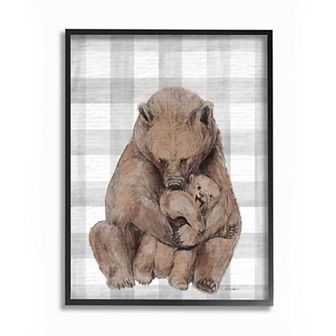 Stupell Home Decor Bear and Cub Nursery Illustration Plaid Framed Wall Art