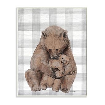 Stupell Home Decor Bear and Cub Nursery Illustration Plaid Plaque Wall Art
