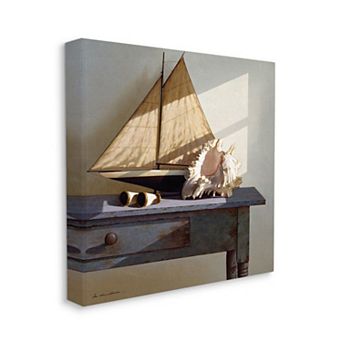 Stupell Home Decor Sailboat Model and Conch Shell Nautical Still Life Canvas Wall Art