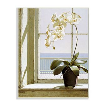Stupell Home Decor White Orchid in Window Coastal Painting Wood Print Wall Art