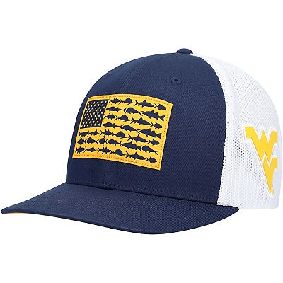 Men s Columbia Navy West Virginia Mountaineers PFG Tonal Fish Flag Flex Hat