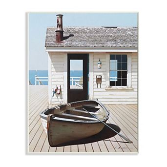 Stupell Home Decor Boat On Boardwalk Tranquil Coastal Boathouse Painting Plaque Wall Art