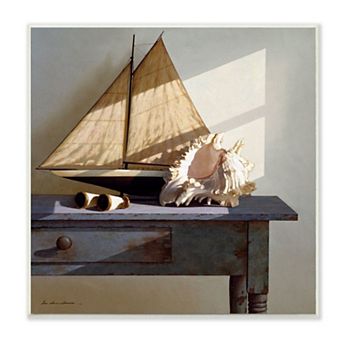 Stupell Home Decor Sailboat Model and Conch Shell Nautical Still Life Plaque Wall Art