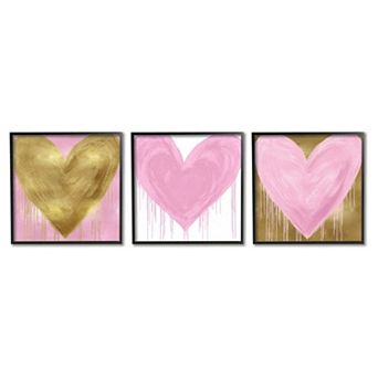Stupell Home Decor Glam Paint Drip Hearts Design Pink Gold Shapes Framed Wall Art