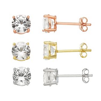 Designs by Gioelli 14k Gold Over Sterling Silver White Sapphire Tri-Color Stud Earring Set