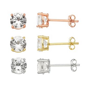 Designs by Gioelli 14k Gold Over Sterling Silver White Sapphire Tri-Color Stud Earring Set