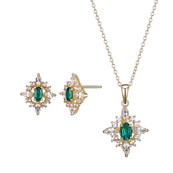 18k Gold Over Silver Lab-Created Emerald & Lab-Created White Sapphire  Cluster Pendant & Earring Set