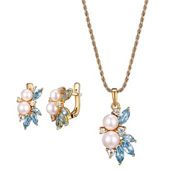 Classic Treasures 18k Gold Over Silver Freshwater Cultured Pearl, Lab-Created Blue Spinel & Lab-Created White Sapphire Pendant & Earring Set