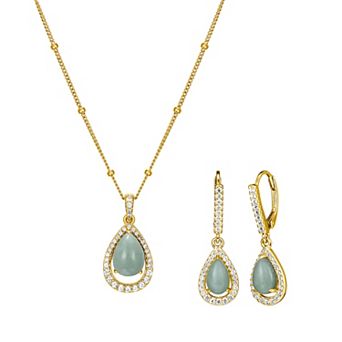 Dynasty Jade 18k Gold Over Silver Jade & Lab-Created White Sapphire Teardrop Pendant & Earring Set