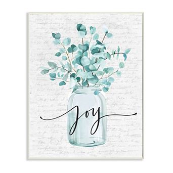 Stupell Home Decor Aqua Blue Plant Leaves In Jar Joy Text Design Plaque Wall Art