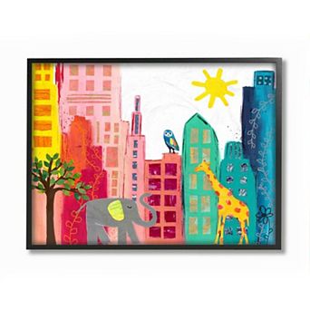 Stupell Home Decor Kid's Safari Animal City Scene Elephant Giraffe Owl Wall Art