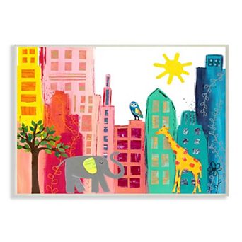 Stupell Home Decor Kid's Safari Animal City Scene Elephant Giraffe Owl Wall Art