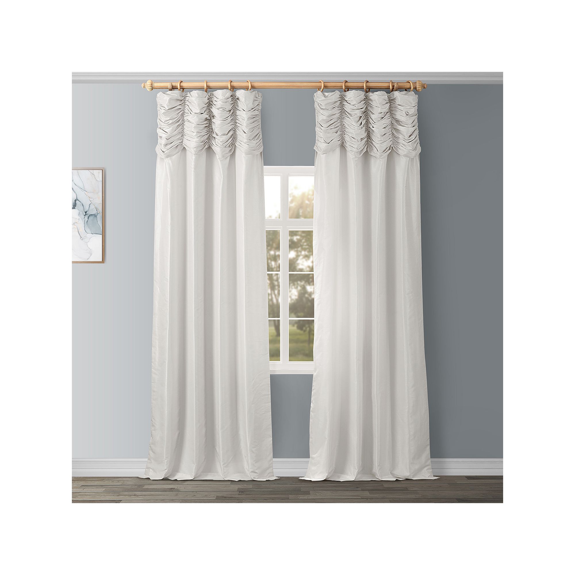 EFF Ruched Vintage Textured Faux Dupioni Silk Window Curtain, Off White