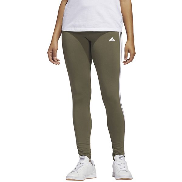 Women's adidas Essential 3-Stripe High-Waisted Leggings - Olive Strata (X SMALL)