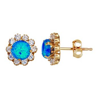 Forever Radiant 10k Gold Halo Blue Opal Flower Stud Earrings