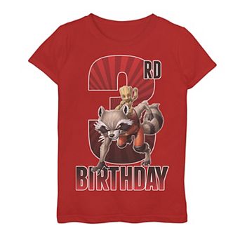 Girls 7-16 Marvel Rocket and Baby Groot 3rd Birthday Graphic Tee