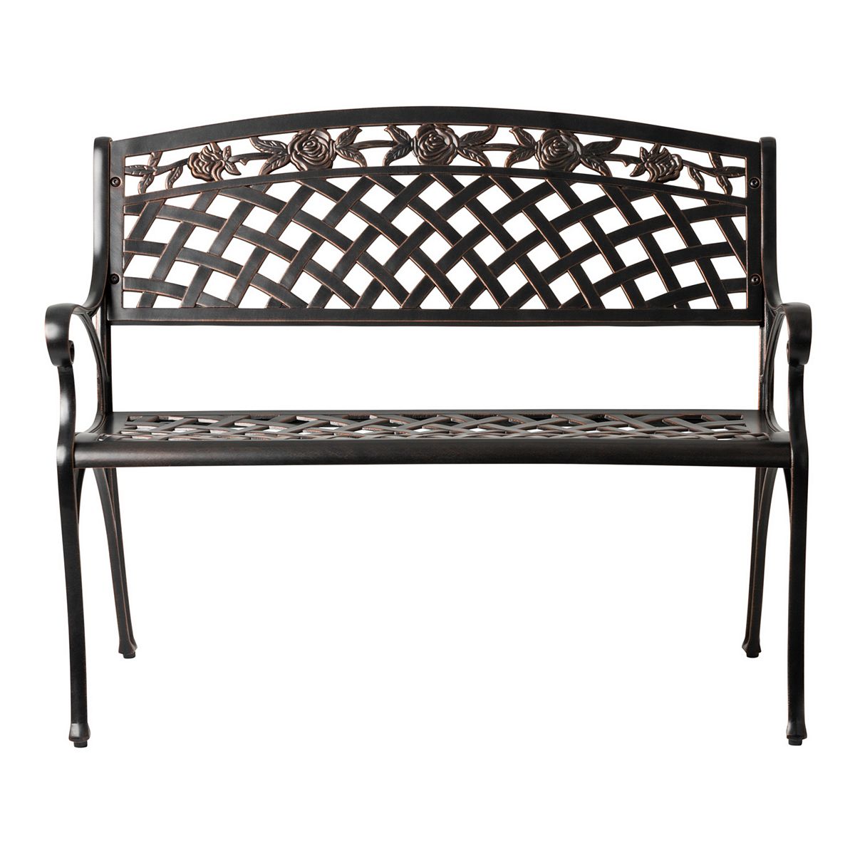 Patio Sense outdoor bench front view with decorative rose lattice backrest