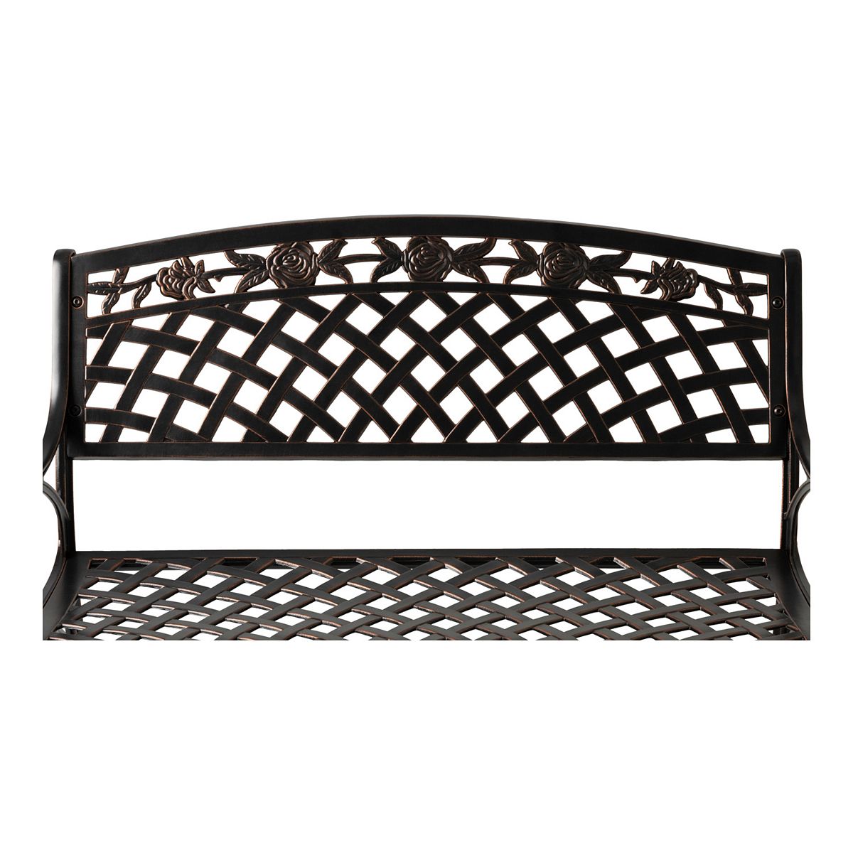 Patio Sense outdoor bench with lattice backrest and diamond-pattern seat