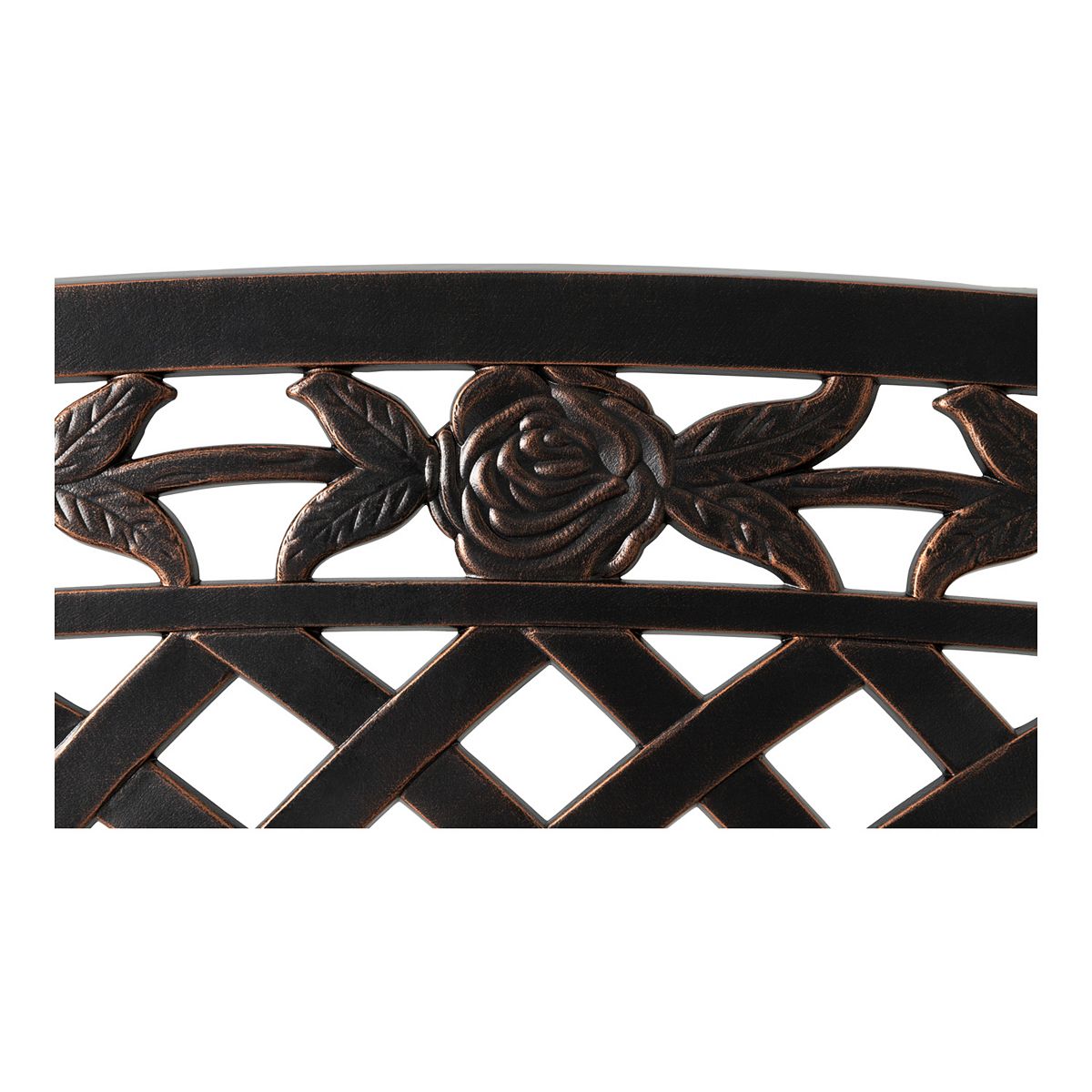 Close-up of black lattice and rose medallion on patio bench back