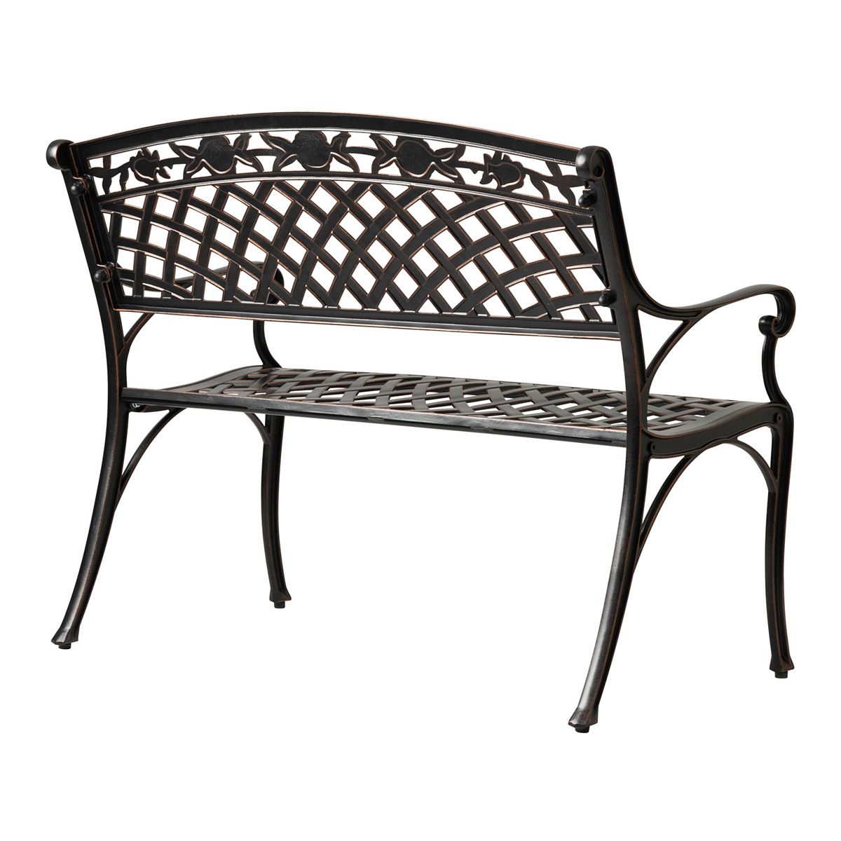 Patio Sense outdoor bench showing arched lattice backrest and slatted seat
