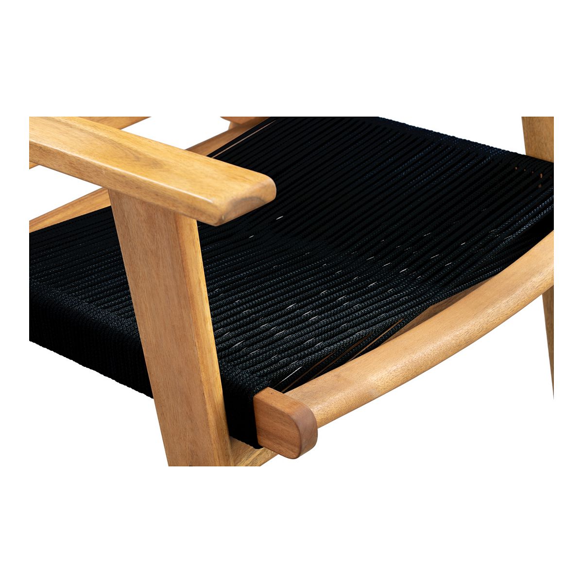 Close-up of woven black seat and natural wood armrests on patio arm chair