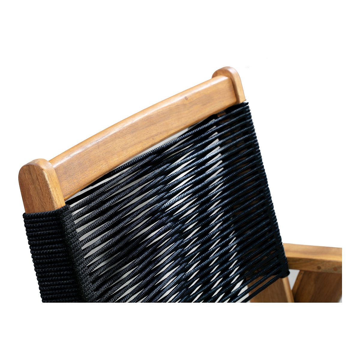 Close-up of woven black backrest and natural wood frame on patio arm chair
