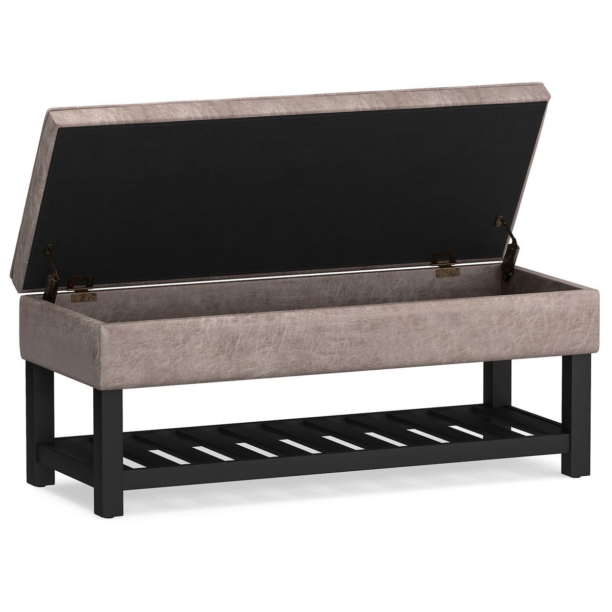Storage bench with open lid and interior storage compartment