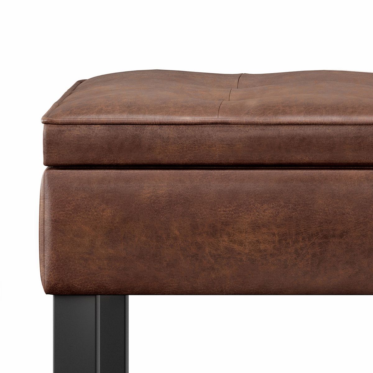 Upholstered storage bench cushion with distressed faux-leather finish