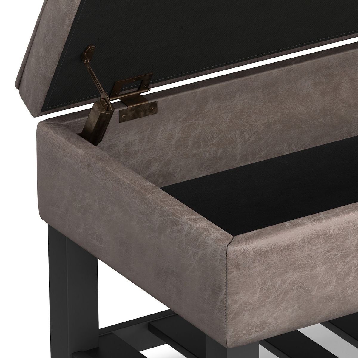 Raised lid storage bench showing hinge support and dark interior panel