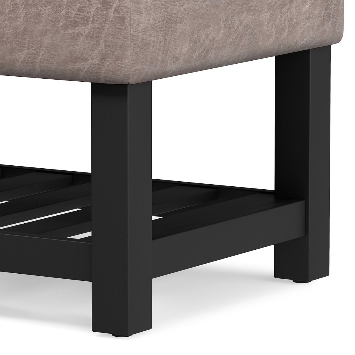 Close-up of storage bench base with dark legs and open shelf