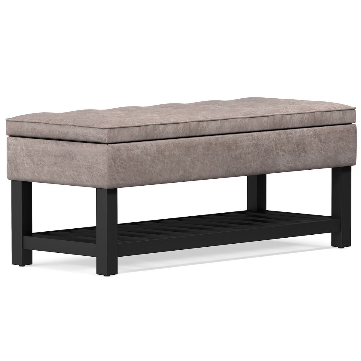 Cosmopolitan storage bench with distressed upholstered seat and dark frame