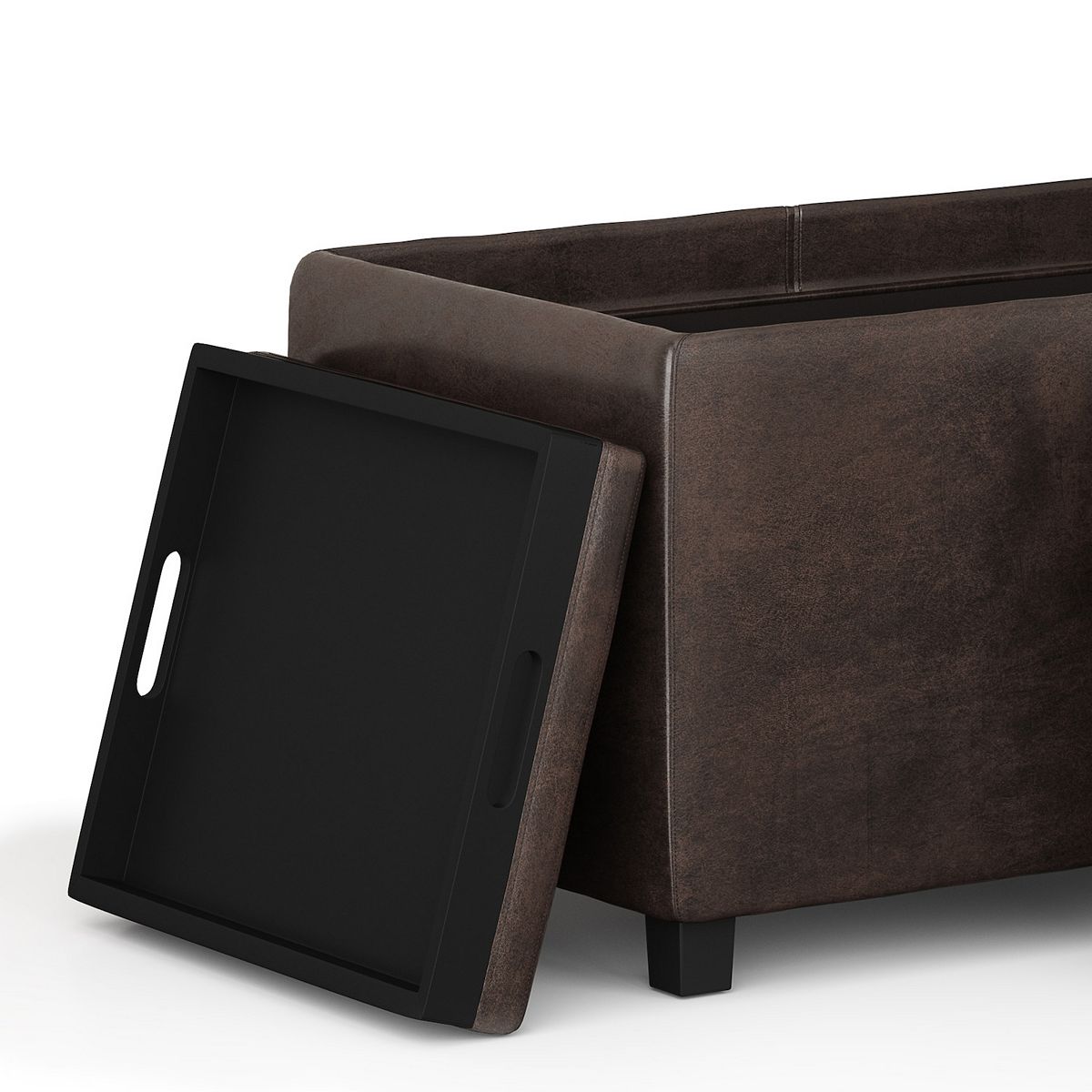 Avalon storage ottoman with lid open in dark brown with black interior