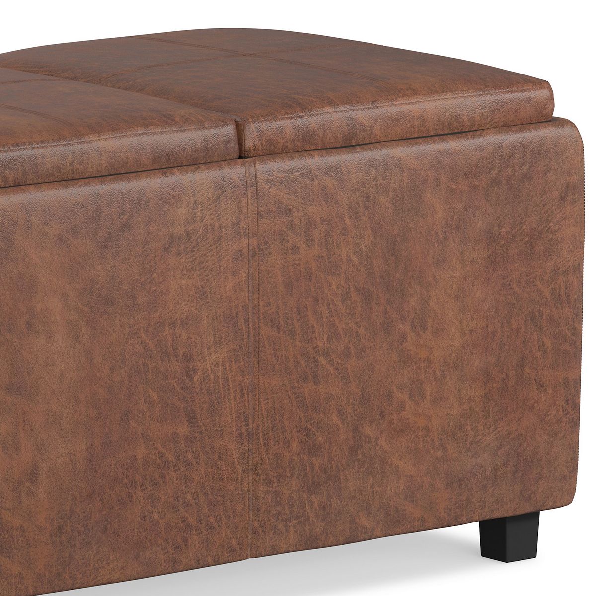 Avalon faux leather storage ottoman side view in brown with hinged top