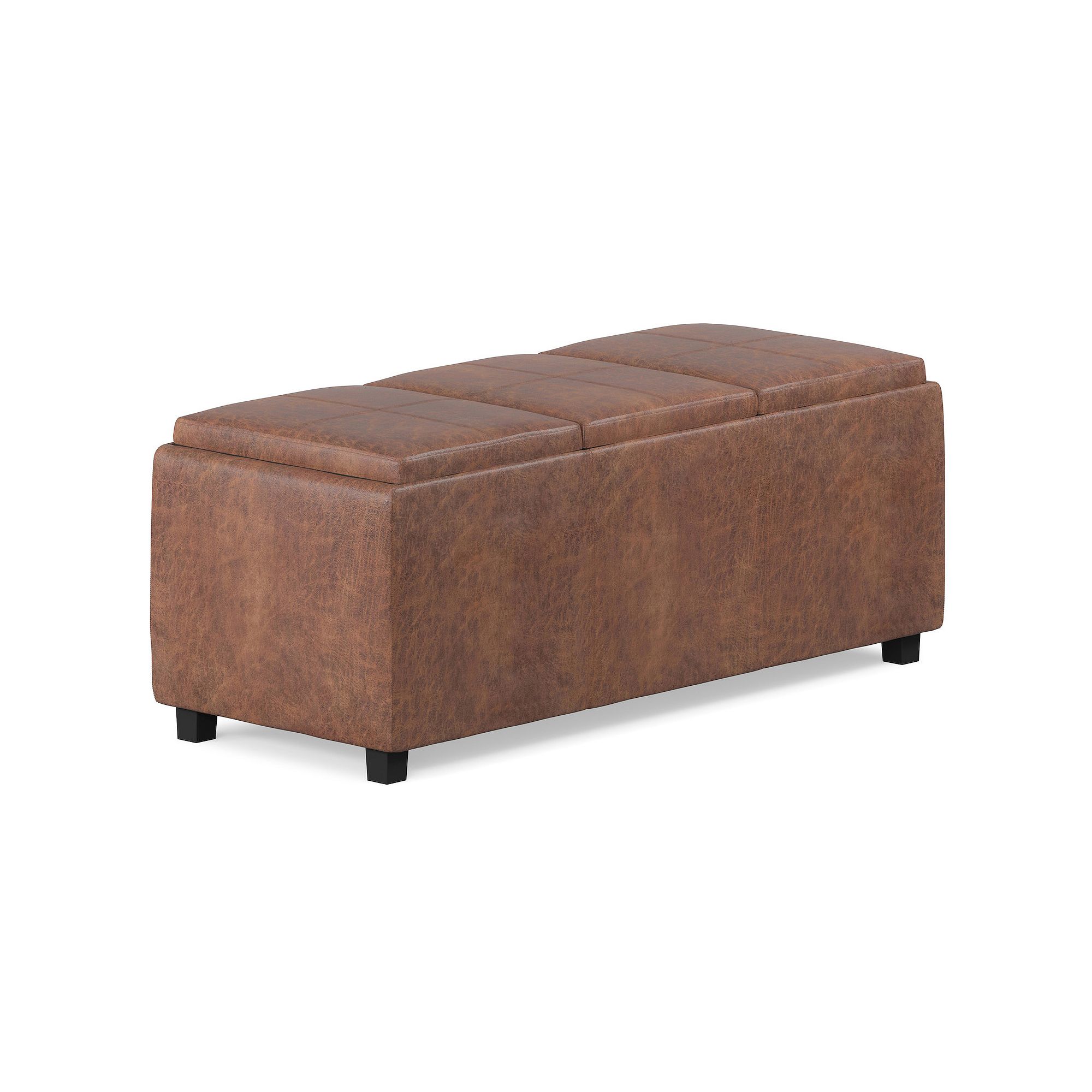 Simpli Home Avalon Faux Leather Storage Ottoman, Saddle Brown