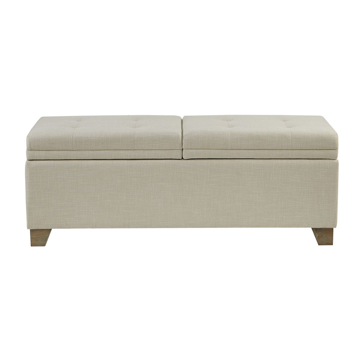 Light upholstered storage ottoman with split lid and tapered wooden legs