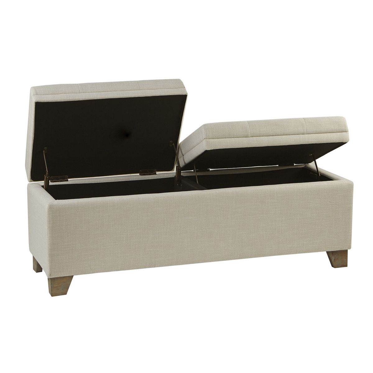 Light storage ottoman open to reveal interior storage compartment