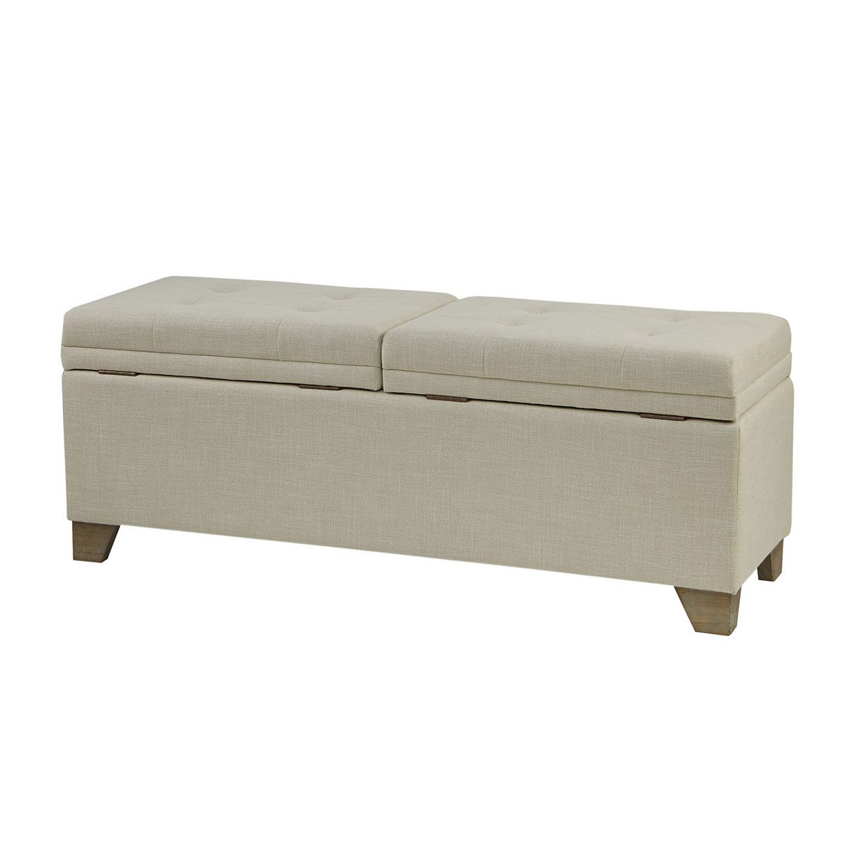 Light neutral storage ottoman with split top and corner wooden legs