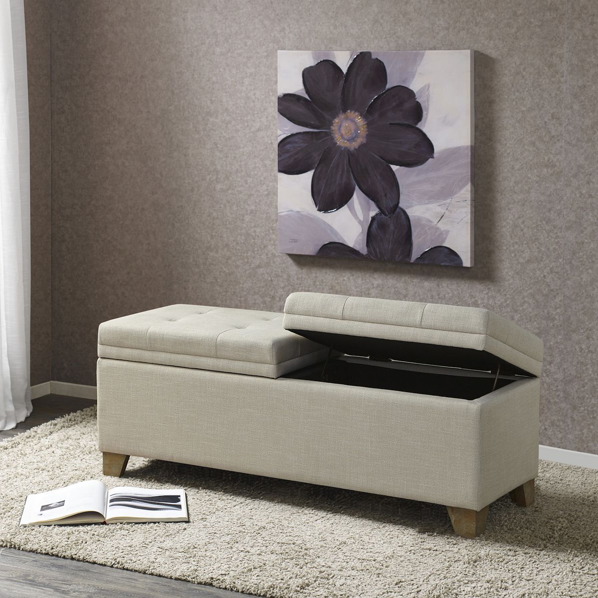 Light upholstered Madison Park Jaxon storage ottoman with open-top storage