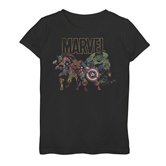 Girls 7-16 Marvel Avengers Group Action Pose Distressed Logo Outline Graphic Tee