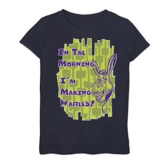 Girls 7-16 Shrek Donkey I'm Making Waffles Text Poster Graphic Tee