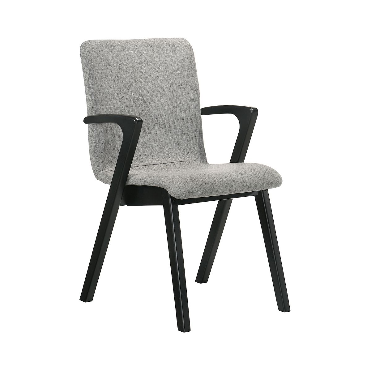 Grey upholstered dining chair with black angled legs