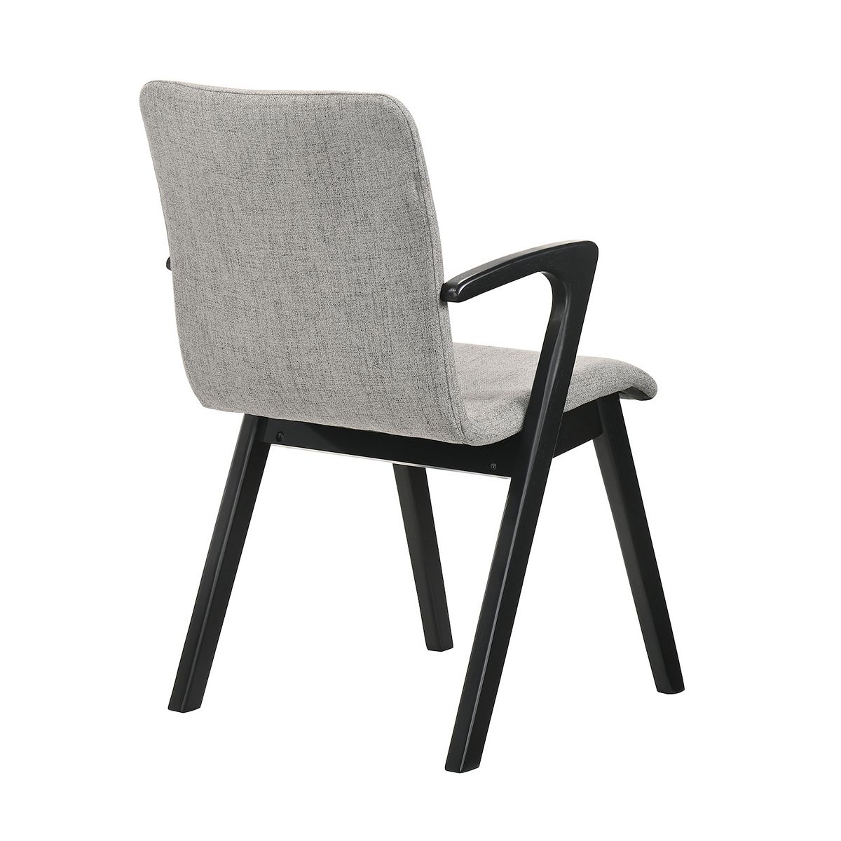 Grey upholstered dining chair with black arms and angled legs